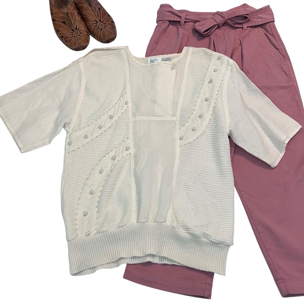Vintage Bonnie &‎ Bill by Holly Pearl Embellished Knit Top White M Ramie Cotton